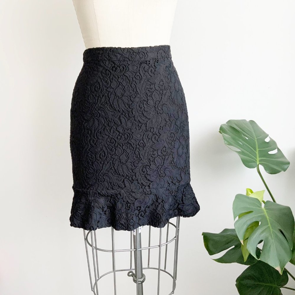 CLUB MONACO Size 2 Black Flounced Floral Laced Mini Skirt
